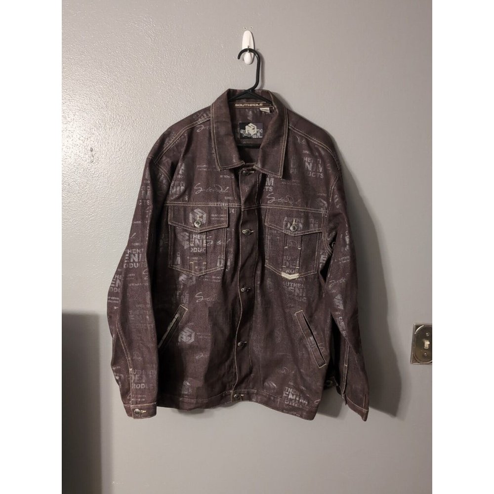 Southpole Brown Denim Vintage Men's Jacket Size XL Hip Hop Logo All Over